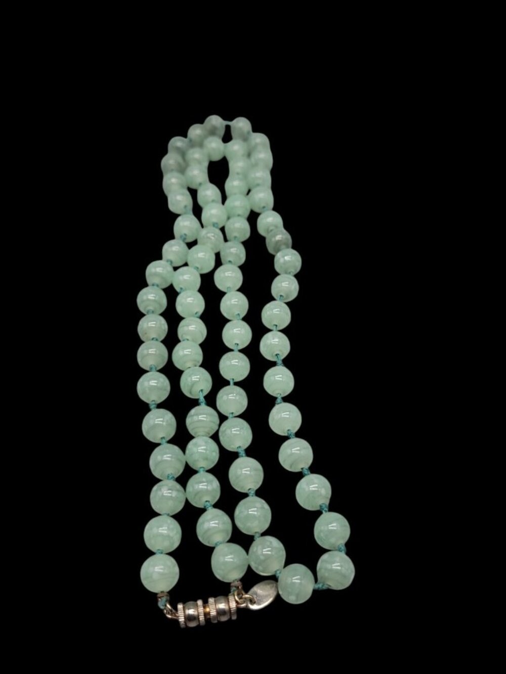 Vintage Les Bernard Signed Jade Bead Necklace Hand Knotted Barrel Clasp 34" - Picture 9 of 12